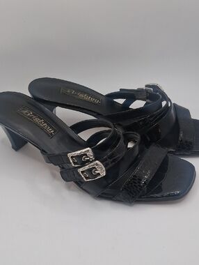 Brighton Black Croc-Texture Strappy Heel Sandals with Silver Buckles